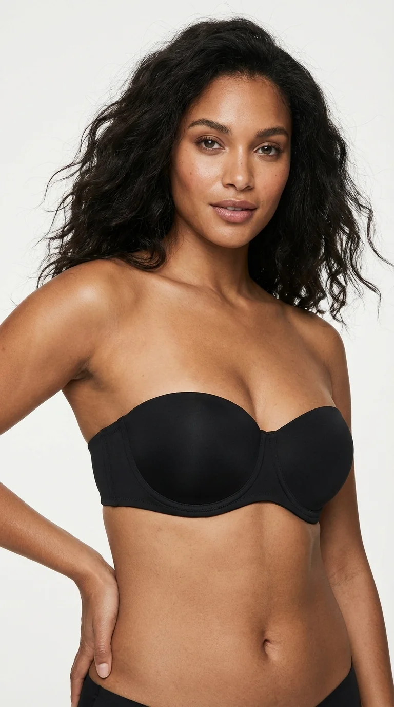 LunaIntim Siyah Balconette Straplez Göğüs Dikleştiren Destekli Push-Up Sütyen - Model Üzerinde